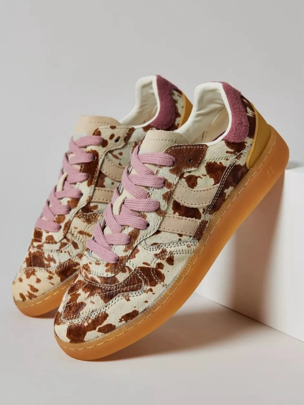 Coolway Women's Suede Leather Cream and Brown Cow Print Sneakers New Size US 6 - Picture 3 of 11